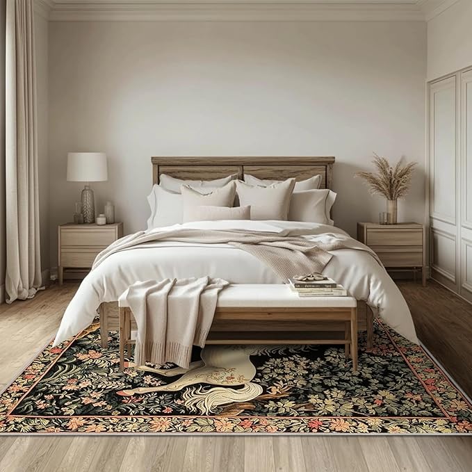 4x6 Unicorn Area Rugs Boho Floral Botanical Rug for Living Room Indoor Soft Non-Slip Thin Vintage Large Carpet Black Rugs for Bedroom Home Decor Under Table Washable Machine