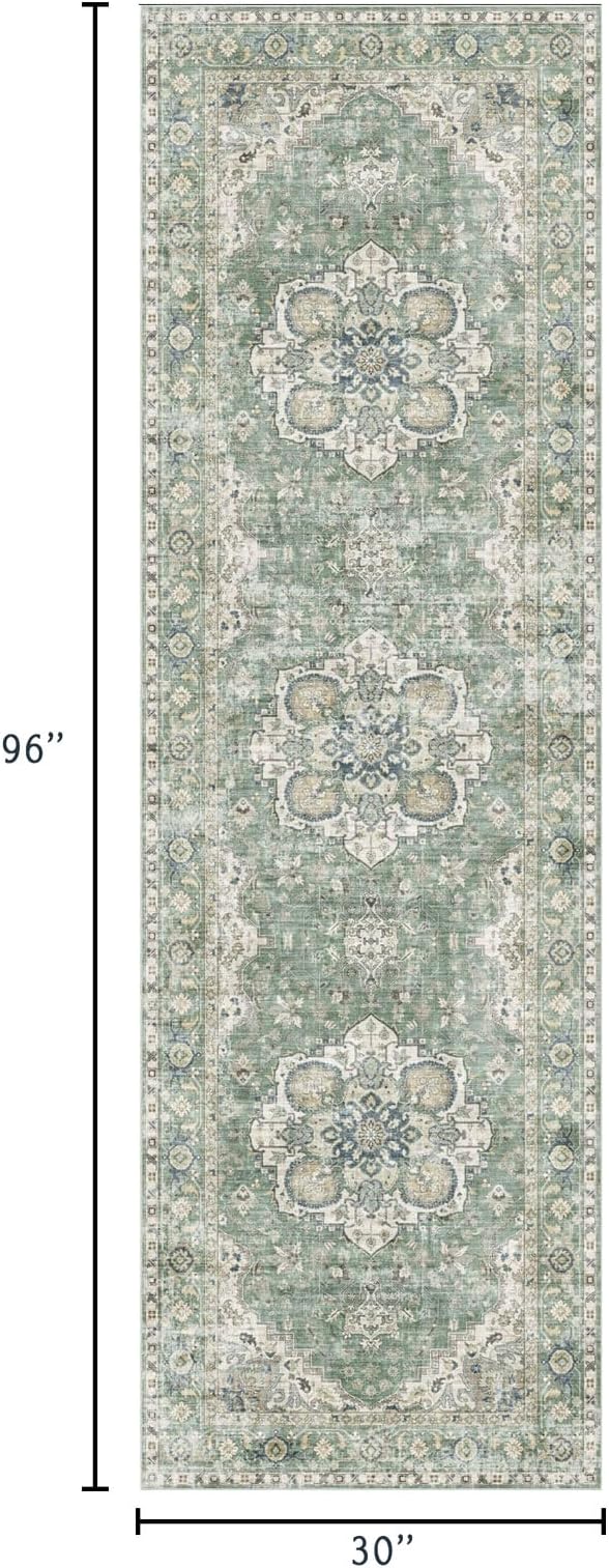 Kitchen Runner Rugs Non Skid Washable - 2.5x8ft Long Sage Green Farmhouse Boho Hallway Runner Rug Low Pile Soft Vintage Farmhouse Oriental Carpet for Hallway Laundry Room Entryway Bedroom