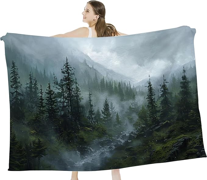 Forest Blanket Misty Mountain Tree Throw Blanket Cozy Plush Fleece Flannel Green Nature Blankets Landscape Party Gifts for Girls Boys Women Men 60"X50"
