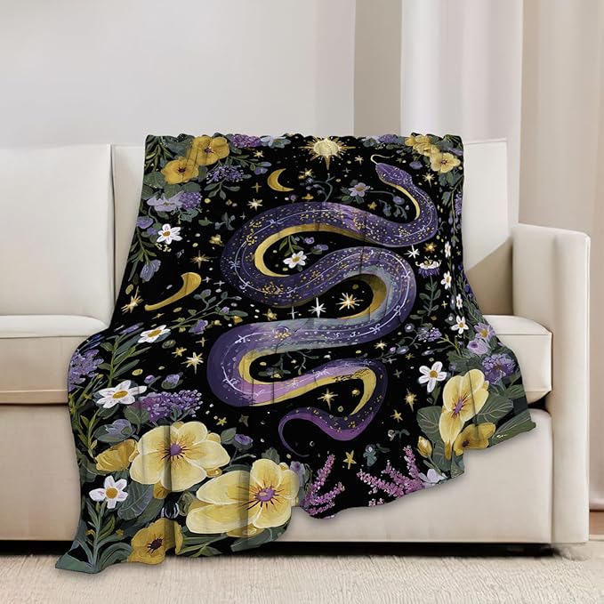 Purple Snake Blanket Fantasy Floral Reptiles Throw Blankets Gifts for Girls Boys Kids Snake Lover Soft Cozy Fleece Plush for Couch Sofa Bed 80"x60"
