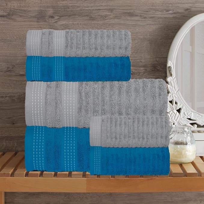 CASA COPENHAGEN Elegance Collection Towels 550 GSM 2 Bath Towel 2 Hand Towel 2 Washcloths, Super Soft Egyptian Cotton 6 Towels Set for Bathroom, Kitchen & Shower - Teal + Grey