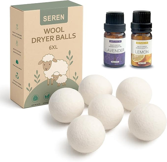 Seren Dryer Balls Laundry Reusable 6-Pack with Essential Oils for Dryer Wool Balls, Organic New Zealand Wool Dryer Balls Essential Oil Lavender Scent and Lemon Scent, Plastic-Free, Eco-Friendly