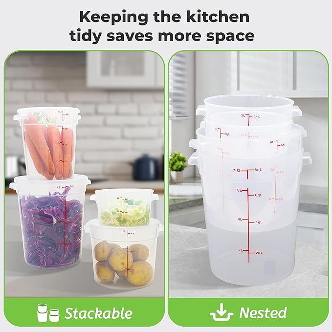 4 Pack Round Food Storage Containers with Lids, 2Qt Translucent, Polypropylene, BPA Free, Includes Labels & Measuring Cups