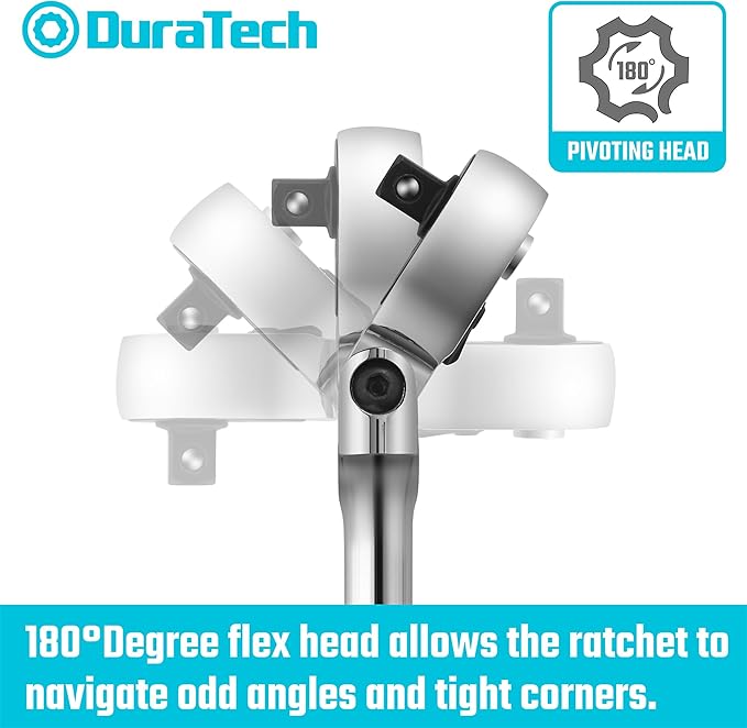 DURATECH 1/2" Drive Flex-Head Ratchet, 72-Tooth Ratchet Wrench, Quick-release, Reversible Switch, Full-Polished Chrome Plating, Alloy Steel