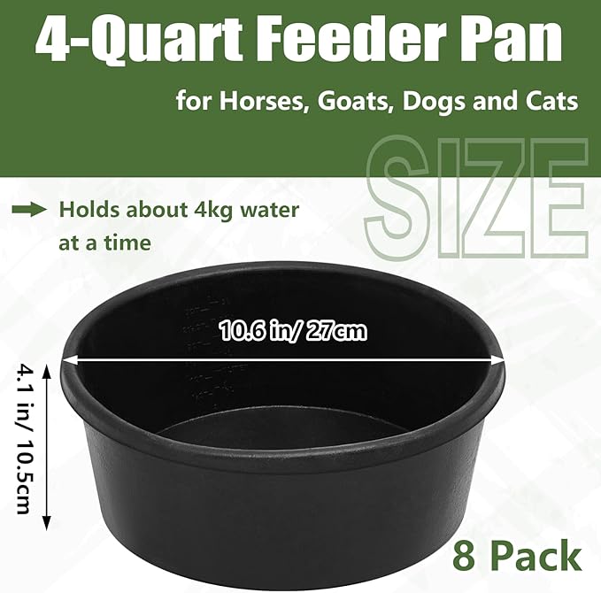 Sadnyy 8 Pcs Rubber Feeder Pan, Rubber Feed Pan Utility Horse Feed Bucket Dog Bowl Horse Feeder for Cats Dogs Goats Chicken Dust Bath Container Animal Feeding, 10.6 x 4.1 Inch (4 Quart)