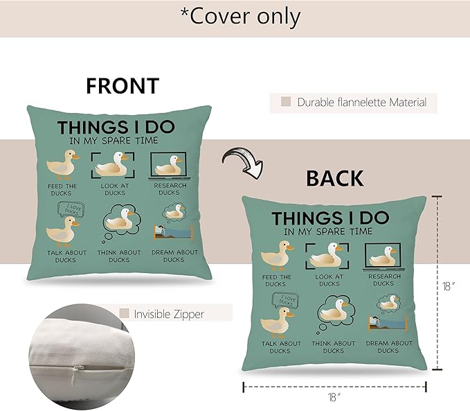 Funny Duck Throw Pillow Covers 18 x 18-Things I Do in My Spare Time Duck Decorative Pillow Covers,Funny Duck Gifts,Duck Gifts for Duck Lovers,Duck Themed Gifts for Women,Duck Decor (Green)