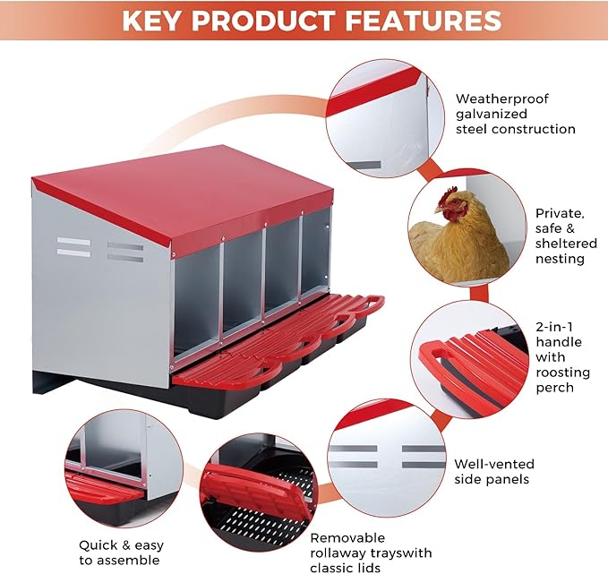 GarveeLife Chicken Nesting Box, 4 Compartments Laying Nest Boxes for Laying Eggs Chicken Brooder Box Nest Box with Perch 4 Hole Red
