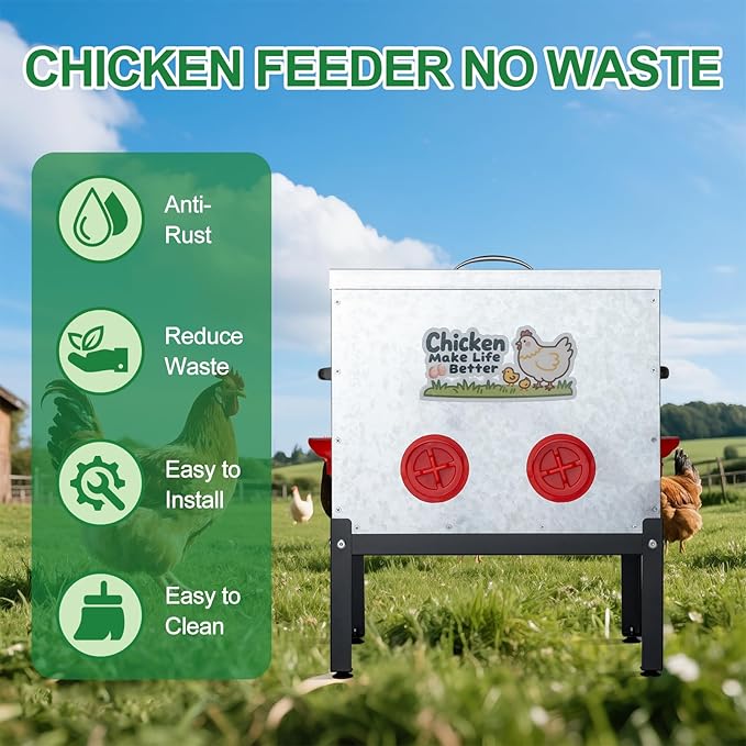 40 LB Automatic Chicken Feeder with 6 Feeding Ports, No-Waste Poultry Feeder with Locking Lid and Adjustable Legs for Inside Chicken Coops Metal Automatic Poultry Feeders (Sliver, 40LB with 6 Ports)