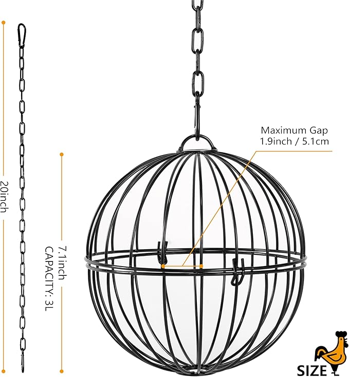 Hanging Chicken Feeder, 7.1 Inch Large Iron Chicken Vegetable Treat Ball, Veggie Hanging Foraging Ball with 20 Inch Hanging Chain for Hens Coop Poultry