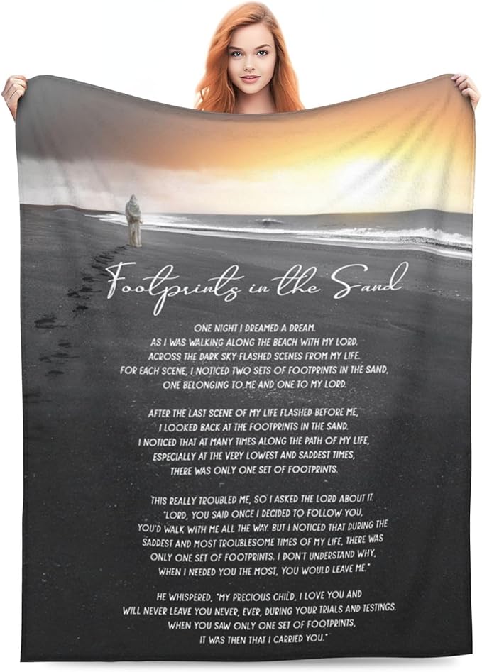 Footprints in The Sand Blanket Christian Gifts Bible Verse Scripture Throw Blanket Comfy Plush Flannel Fleece Warm Soft Fluffy Fuzzy Blanket for Prayer Adults Women Men for Bed Sofa Couch 60"X80"