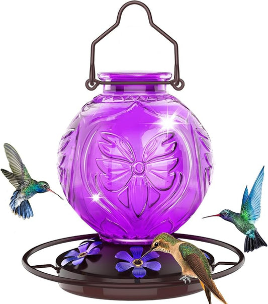 Glass Hummingbird Feeder for Outdoors Hanging, 25Oz Humming Bird Nectar Feeders with Perch & 5 Flower Feeding Ports, Leak Proof for Outside Garden Decor, Gifts for Women (Purple)