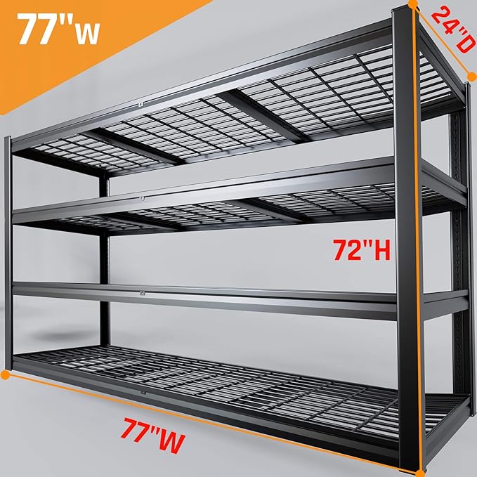77" W Storage Shelves Heavy Duty Garage Shelving, Metal Kitchen Shelving Unit, 4 Tier Adjustable Shelves, 3800LBS Steel Industrial Shelving for Basement, Commercial, 77" W*24" D*72”H, Black