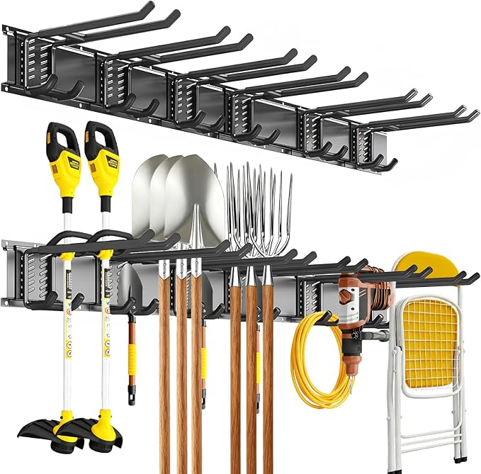Garage Tool Organizer Wall Mount, 48inch Heavy-Duty Garage Storage System and Garden Tool Organizer with 6 Adjustable Double Hooks for Shovel, Snowboard, Yard Tools and Shed
