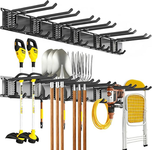 Garage Tool Organizer Wall Mount, 48inch Heavy-Duty Garage Storage System and Garden Tool Organizer with 6 Adjustable Double Hooks for Shovel, Snowboard, Yard Tools and Shed