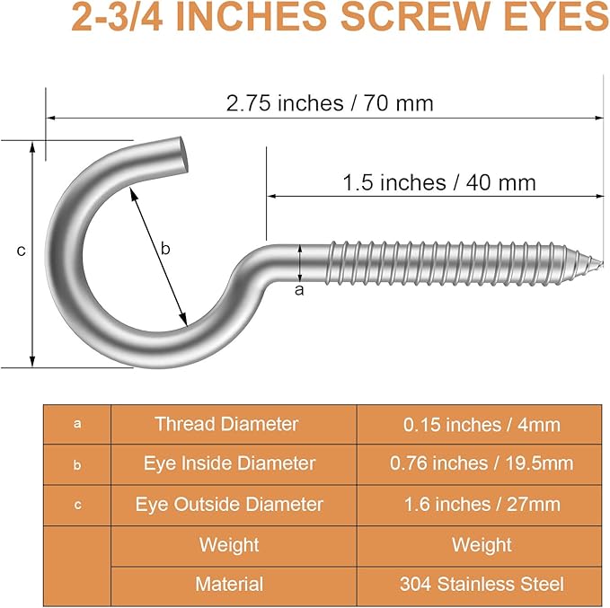 Pack of 20 Metal Eye Screws, 304 Stainless Steel Hooks, Self-Tapping Eye Ring Bolt, Strong Indoor (2-3/4")