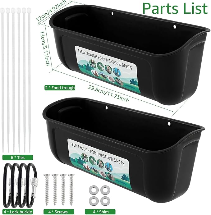 2 Pack Chicken Duck Dog Feeder, Poultry Feeders and Waterers, Hanging Goat Feeder, Livestock Feeding Container, Feed Trough and Waterer Bucket with Clips (Black)