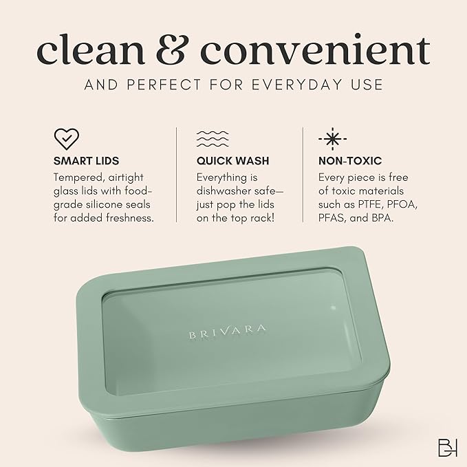 Ceramic Coated Glass Food Storage Container | No PTFE, PFOA, PFAS, and BPA | Reusable Non Toxic Meal Prep Container with Glass Lid | Easy To Store | 2.5 Cup Square [Willow]