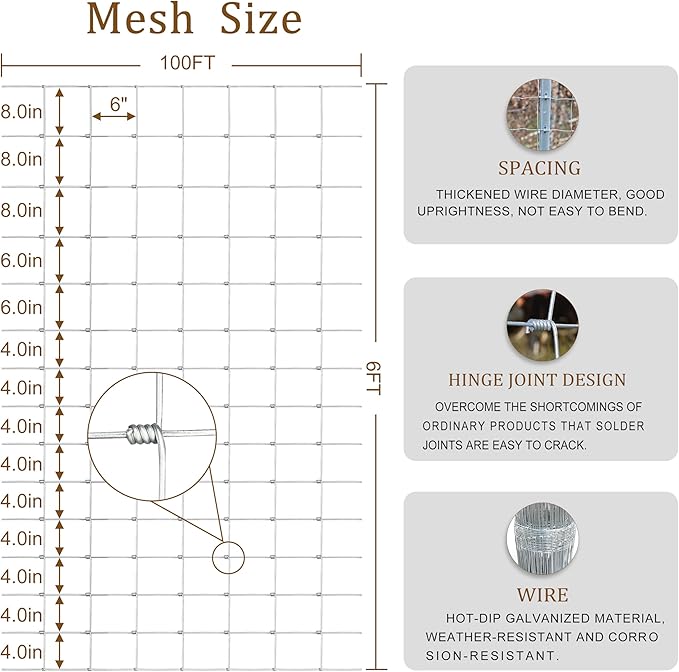 Livestock Fence, 6ft x 100ft Galvanized Cattle Fence, Heavy Zinc Coating Wire Fencing,Farm Fence for Hog Goat Deer Horse