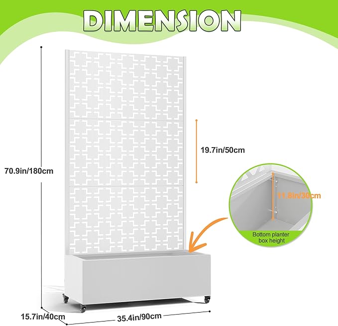 15.7"×70.9"×35.4" Metal Raised Garden Bed with Trellis and Wheels - Tall Trellis Planter Box for Climbing Plants, Vegetables & Vines - Outdoor Privacy Planters for Patio (White-Square)