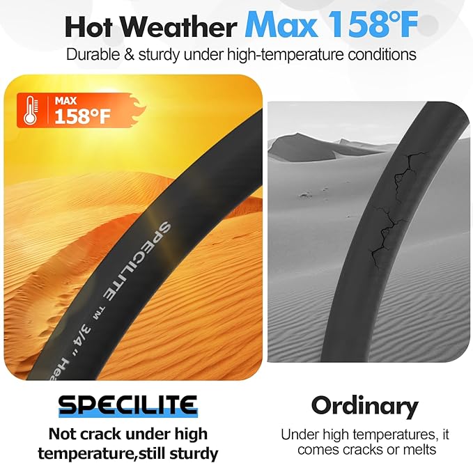SPECILITE 3/4" Hot/Cold Garden Hose 50 ft with Industrial High Pressure Nozzle, Flexible & Lightweight, 600psi Burst Rubber Water hose -50℉-158℉ With 3/4" Brass Fittings for Yard, Black