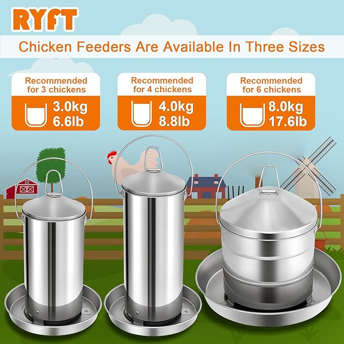 RYFT Automatic Chicken Feeder 3KG/6.6lbs, Stainless Steel Poultry Feeder, Heavy Duty Thickness 0.035 in / 0.9 mm, with Handle, Top Filled, Durable and Rust Resistant