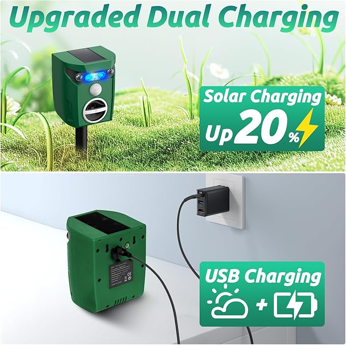 2 Pack Solar-Powered Ultrasonic Animal Repellent Outdoor, Deer Repellent Devices with Motion Sensor, Waterproof Deer, Cat, Raccoon, Coyote, Rabbit Deterrent for Yard, Garden, Farm