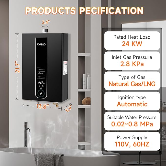 Natural Gas Tankless Water Heater, 4.74 GPM 18L Indoor,Constant propane water heater,Instant Hot Natural Gas Water Heater with Fahrenheit Digital Display,Multi-Protection