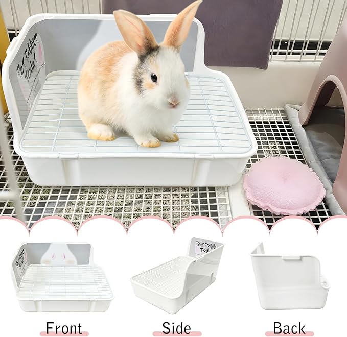 Tfwadmx Rabbit Litter Box Bunny Corner Litter Pan Pet Bedding Litter Box with Grate Small Animal Toilet Potty Trainer for Rabbit Bunny Chinchilla Guinea Pig Ferret (White)