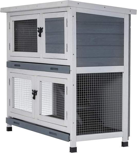 2 Story Solid Wood Rabbit/Bunny Hutch with 2 Large Main Rooms, Indoor Outdoor Rabbit House Guinea Pig Cage Pet House for Small Animals with Ventilation Door Removable Tray Waterproof Roof (Grey)