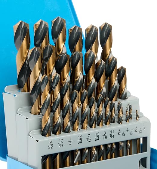 Drill Bit Set, 29Pcs High Speed Steel Bits with Black and Gold Finish for Hardened Metals, Cast Iron and Wooden Plastics, with Metal Index Storage Box, 1/16"-1/2"