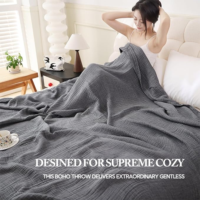 Boho Throw Blanket, 100% Cotton Ultra Soft Luxury Throw Rustic Quilt, Muslin Breathable Soft Bed Throw ，All Throw for Sofa Couch Chair 60×80 Inch (Grey Blanket, 60x80 Inch)
