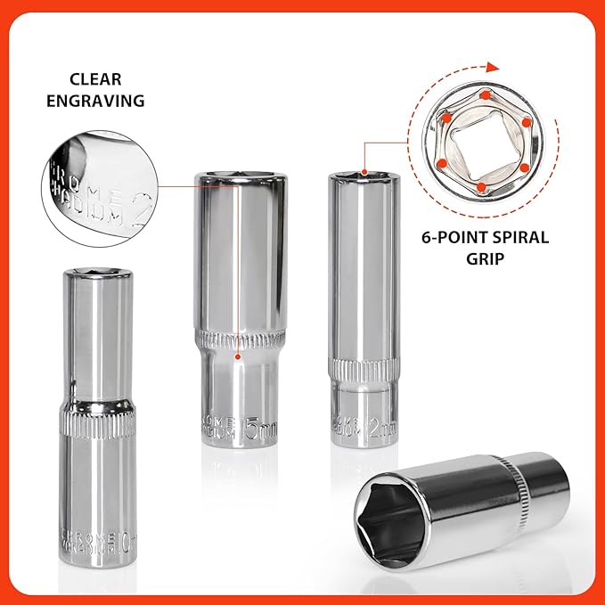 Egofine 10PCS 3/8” Drive Deep Socket Set,Metric Socket Set（10-21mm,6 Point Socket Set With Hanging Bracket,Cr-V Steel