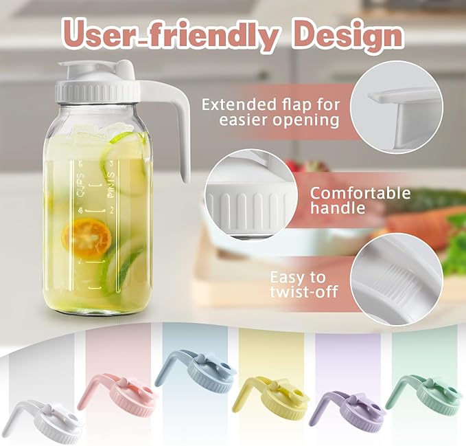 Mason Jar with Pour Spout Lid V-shaped, 2 Quart Iced Tea Pitcher Double Leak Proof, 64 oz Drink Pitcher for Breastmilk, Sun Tea, Juice, Coffee Creamer, Formula Pitcher