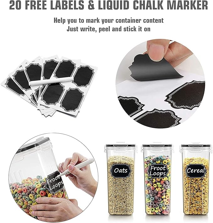 Wildone Cereal & Dry Food Storage Containers, Airtight Cereal Storage Containers Set of 8 [2.5L / 85.4oz] for Sugar, Flour, Snack, Baking Supplies, Leak-proof with Black Locking Lids