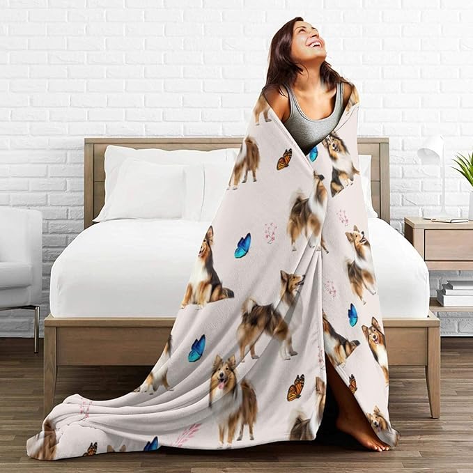Sheltie Shetland Sheepdog Throw Blanket Dogs Lover Flannel Blankets Plush Super Soft Cozy Warm Decor Gifts for Boys Girls Kids Adults Men Women 50" x 60"