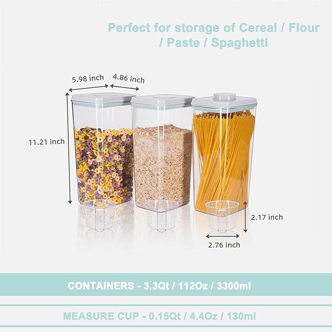 Pop Containers with Lids - Stackable Airtight Food Storage, Kitchen Pantry Storage Containers for Snacks Candy Salt Herbs Spices BPA-Free (3300ML / 3.48QT / 112OZ *3)