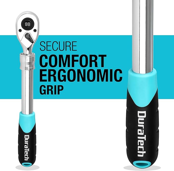 DURATECH 1/2-Inch Drive Extendable Ratchet, 90-Tooth Quick-release Ratchet Wrench with Cushion Handle & Telsecoping Locking Shaft (5 Length Adjustment: 11-4/5" to 17"), Reversible, Chrome Alloy Made