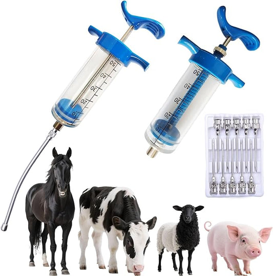 2Pcs 50ML Drencher Medicine, Reusable Adjustable Drench Gun Goat Syringe with Drench Gun Nozzle 10 Needles, for, Cattle, Sheep, Horse, Pig, Large Animal Feeding Syringe