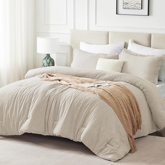 CozyLux Oversized Queen Comforter Set, 3 Pieces 98x98 Beige Soft Luxury Cationic Dyeing Bedding All Season, Lightweight Breathable Fluffy Bed Sets with 1 Alternative Comforter and 2 Pillow Shams