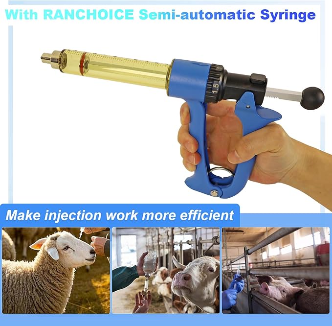25ML Semi Automatic Livestock Syringe, with Extra 3 Colored Piston Rod Knobs, Adjustable Continuous Repeating Luer Lock Syringe for Cattle Cow Goat Sheep Pig
