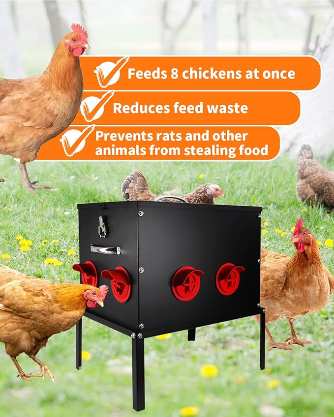 Automatic Chicken Feeder –45LB 8 Feeding Ports,Large Metal Chicken Feeders - No Waste Poultry Feeder with Locking Lid and Legs for Inside Coops