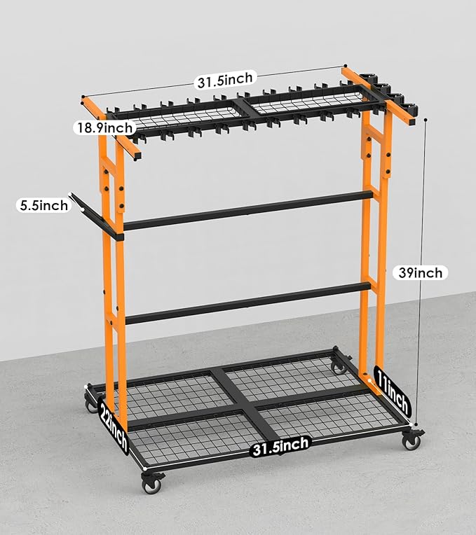CCCEI Garage Organization with Wheels, Outdoor Gargen Yard Shed Tools Organizer Cart, Home Storage for Cleaning Supplies, Broom Holder, for Shovel and Rake, Long Farming and Farming Tools, Orange.