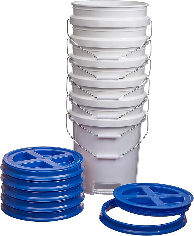 Consolidated Plastics 5 Gallon White Food Grade Buckets with Bottom Grip Handle & Gamma Seal Lids, BPA Free Container Storage, Durable HDPE Pails, Made in USA (6 Pack, Blue Lids)