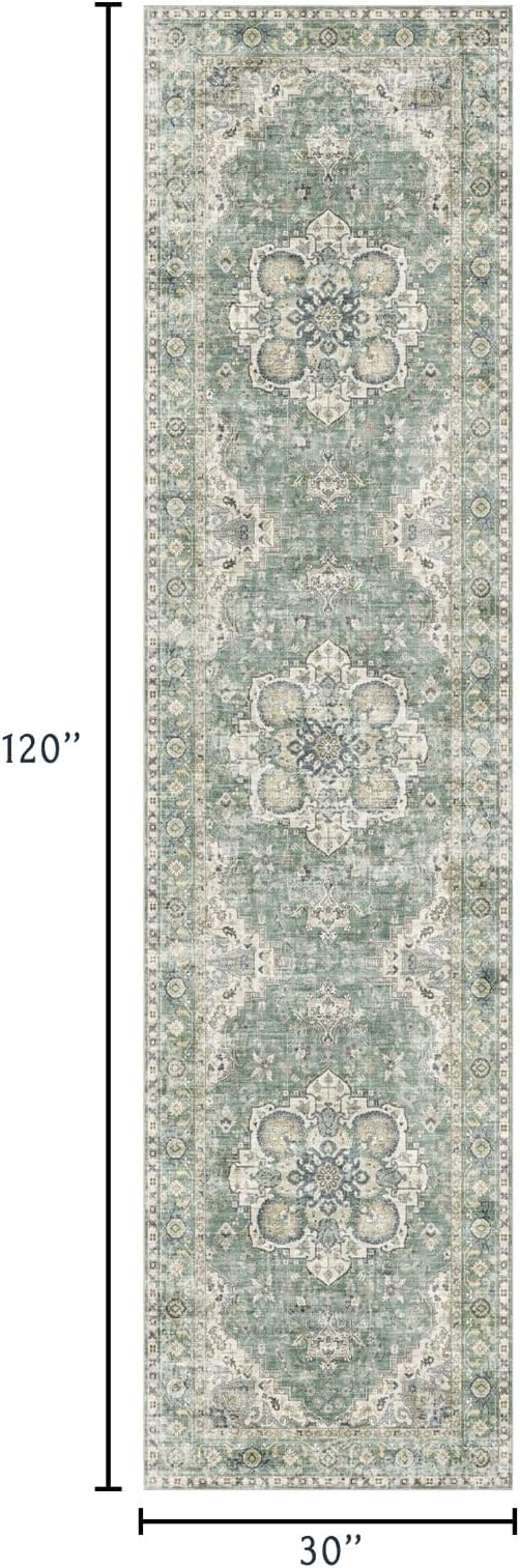 Runner Rugs for Hallway 2.5x10ft - Long Non-Slip Sage Green Washable Boho Runner Rug Low Pile Soft Vintage Farmhouse Oriental Medallion Carpet for Kitchen Living Room Indoor Entryway Bedroom