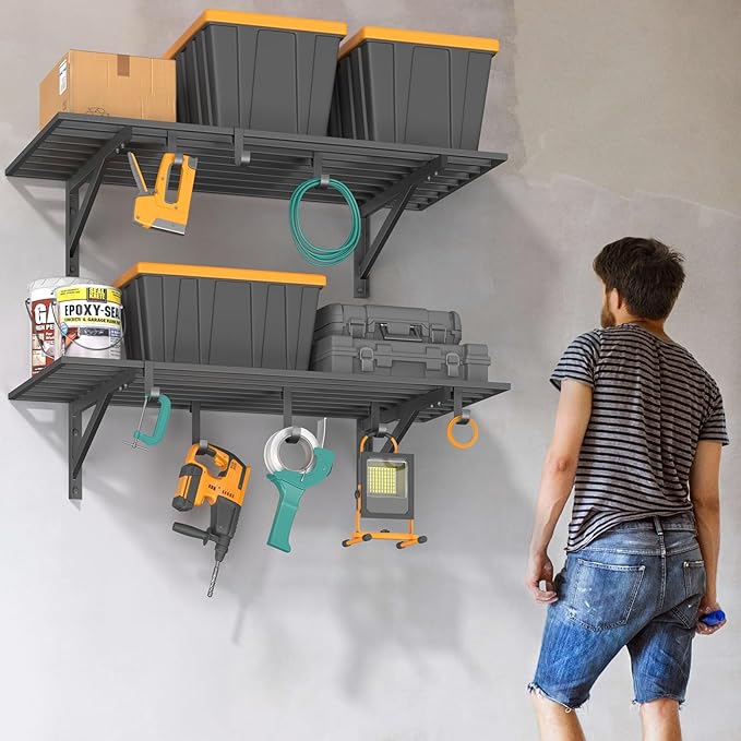 2x4ft Heavy Duty Garage Shelving, 2' x 4' Garage Wall Shelving Wall Mounted, 200LB Capacity Storage Rack with Hooks (1pack-2x4ft)