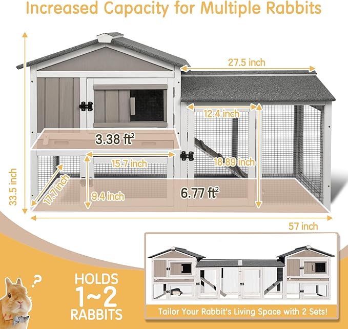 Rabbit Hutch Indoor Outdoor 57 "L Bunny Hutch with Pull Out Tray,2 Story Wooden Rabbit Cage with Asphalt Roof,Guinea Pig Cage with Ventilation Doors,Ramp for Small Animals(Grey)