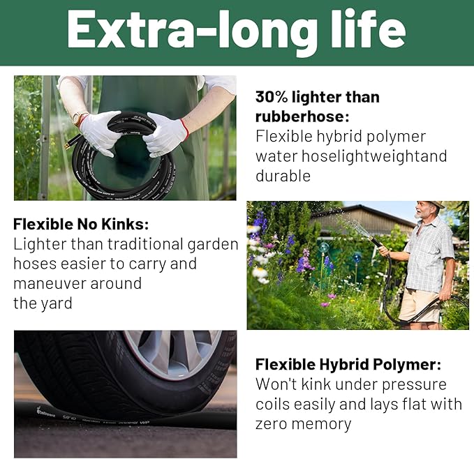 Short Garden Hose 1 ft x 5/8" Female to Female, Heavy Duty Small Water Hose Extend Connector, Leak-Free Connections Hybrid Rubber Leader Hose with 3/4" Double GHT Fittings, Black