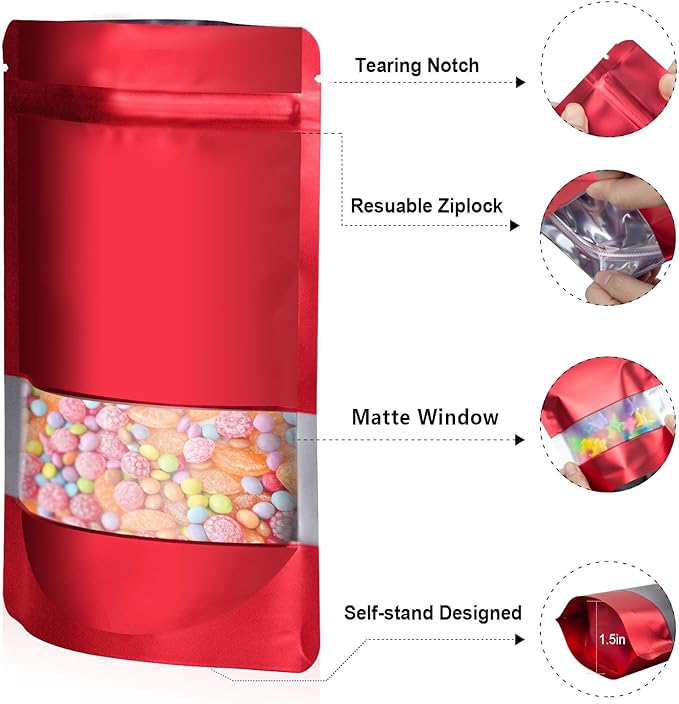 4.7"x7.8" 120pcs Mylar Bags for Food Storage,Smell Proof Bag with Matte Window Resealable Food Storage Bags for Small Business, Stand-up Foil Pouch Packaging Freeze Dried Candy Bag(Red)