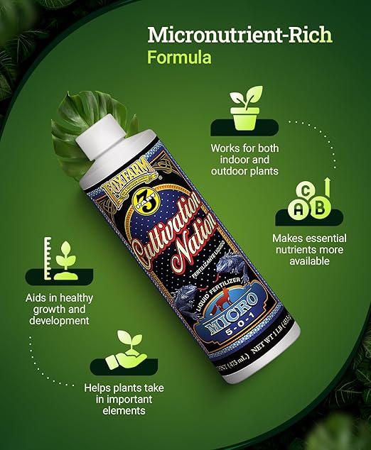 FoxFarm Cultivation Nation Micro Liquid Fertilizer - Micronutrients for Strong Plant Development, Ideal for Soil, Hydroponics & Aeroponics - Part 2 of 3-Part Feeding Program- NPK 5-0-1 (Pint)