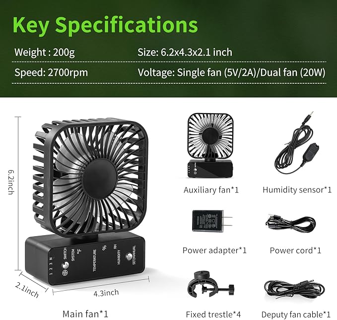 2-Pack 4” Grow Tent Fan With Temperature And Humidity Meter,Automatic Humidity Control,Oscillating Fan For Hydroponic Ventilation Circulation With Clips,Adjustable Speed Quiet Greenhouse